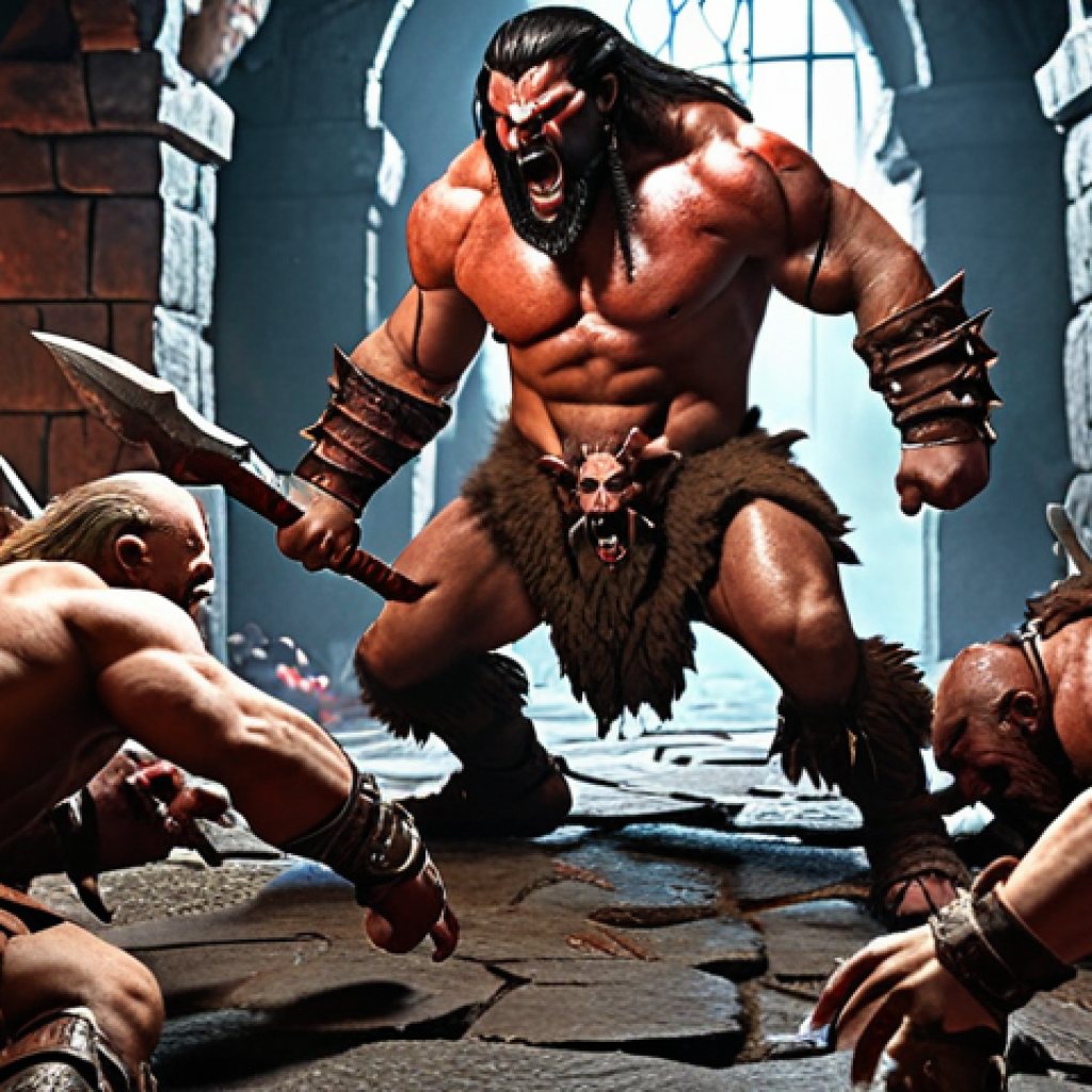 **
A Barbarian unleashing a devastating weapon combo amidst a horde of demons in a dungeon. Emphasize the Barbarian's strength and the chaotic action.
**