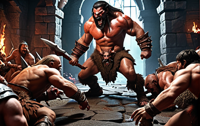 **
A Barbarian unleashing a devastating weapon combo amidst a horde of demons in a dungeon. Emphasize the Barbarian's strength and the chaotic action.
**