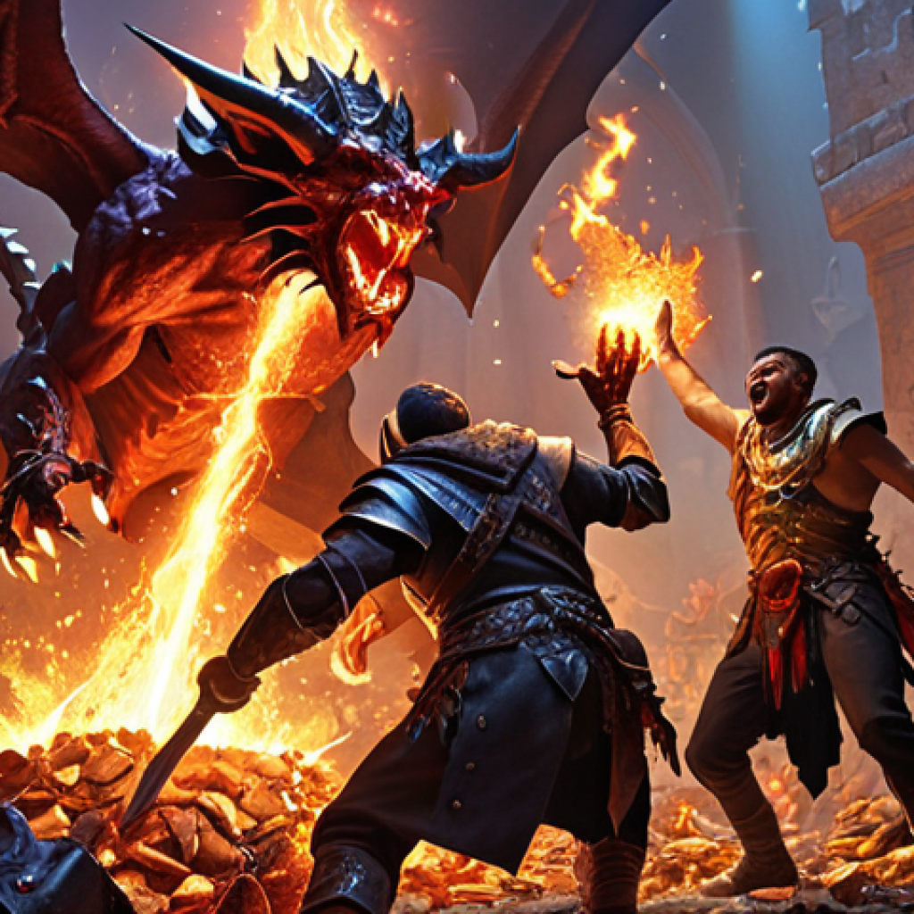 "Diablo IV friends dungeon crawl loot explosion. Four adventurers of different classes celebrate a legendary item drop amidst a pile of gold and slain demons. Action shot, vibrant colors, dynamic lighting, treasure overflowing."**
**
