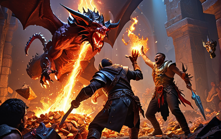 "Diablo IV friends dungeon crawl loot explosion. Four adventurers of different classes celebrate a legendary item drop amidst a pile of gold and slain demons. Action shot, vibrant colors, dynamic lighting, treasure overflowing."**
**