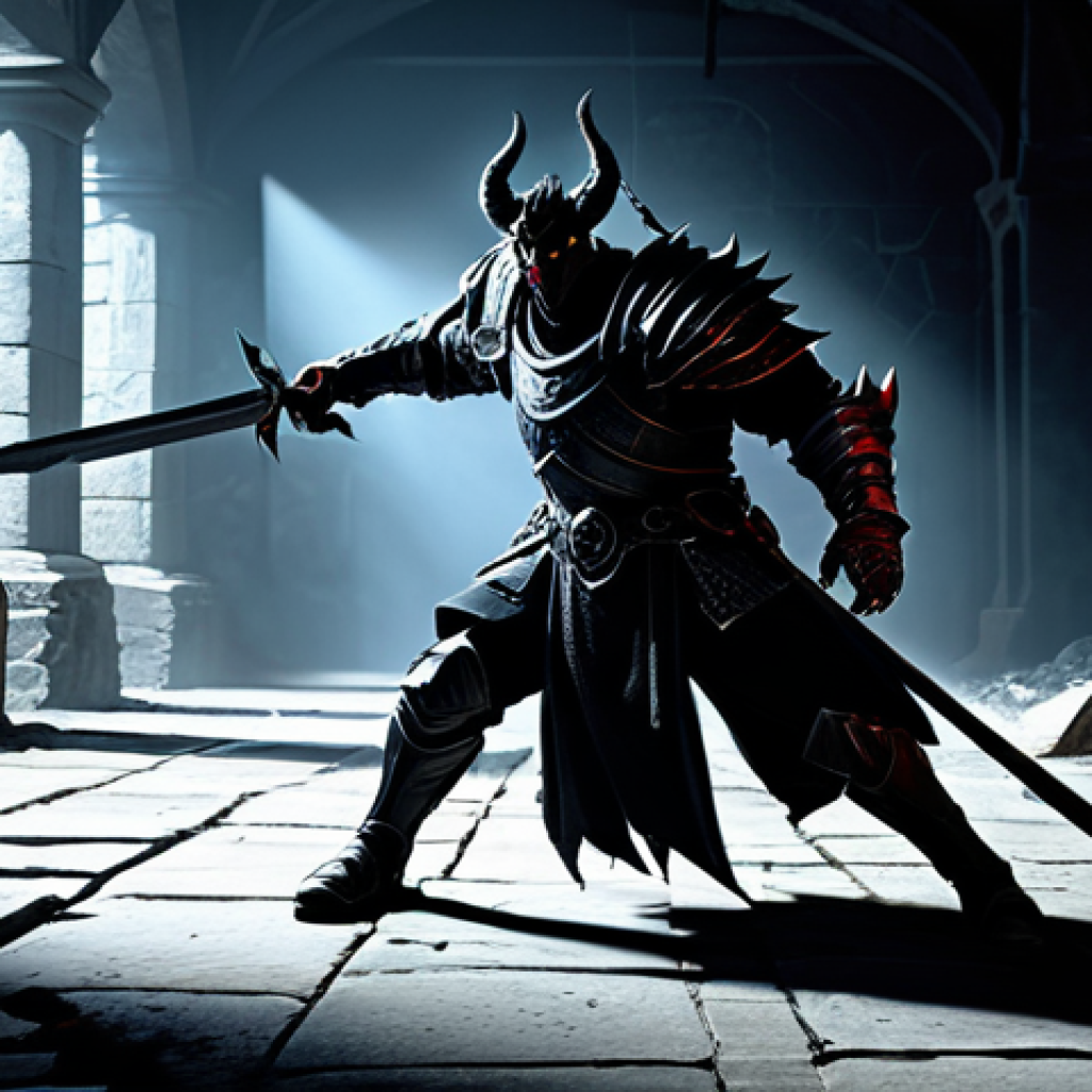 A valiant, generic fantasy hero in a professional, high-quality, dark plated armor, with a robust, two-handed weapon. The hero is captured in a dynamic pose, skillfully evading a large, shadowy demon's telegraphed attack, demonstrating agile movement and tactical positioning. The demon is massive and menacing, its attack creating clear, glowing danger zones on the ground. The setting is a grand, ancient, and ruined dungeon arena, with broken stone pillars and a dark, atmospheric background. Dramatic lighting with deep shadows and highlights emphasizes the hero's form and the demon's ominous presence. safe for work, appropriate content, fully clothed, professional dress, perfect anatomy, correct proportions, natural pose, well-formed hands, proper finger count, natural body proportions, professional photography, cinematic, high detail, realistic rendering.
