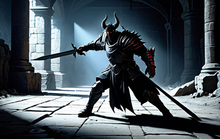 A valiant, generic fantasy hero in a professional, high-quality, dark plated armor, with a robust, two-handed weapon. The hero is captured in a dynamic pose, skillfully evading a large, shadowy demon's telegraphed attack, demonstrating agile movement and tactical positioning. The demon is massive and menacing, its attack creating clear, glowing danger zones on the ground. The setting is a grand, ancient, and ruined dungeon arena, with broken stone pillars and a dark, atmospheric background. Dramatic lighting with deep shadows and highlights emphasizes the hero's form and the demon's ominous presence. safe for work, appropriate content, fully clothed, professional dress, perfect anatomy, correct proportions, natural pose, well-formed hands, proper finger count, natural body proportions, professional photography, cinematic, high detail, realistic rendering.