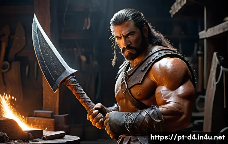 디아블로4 희귀 아이템 가치 - **Prompt: "A seasoned Barbarian, fully clad in weathered leather and steel armor, stands in a dimly ...